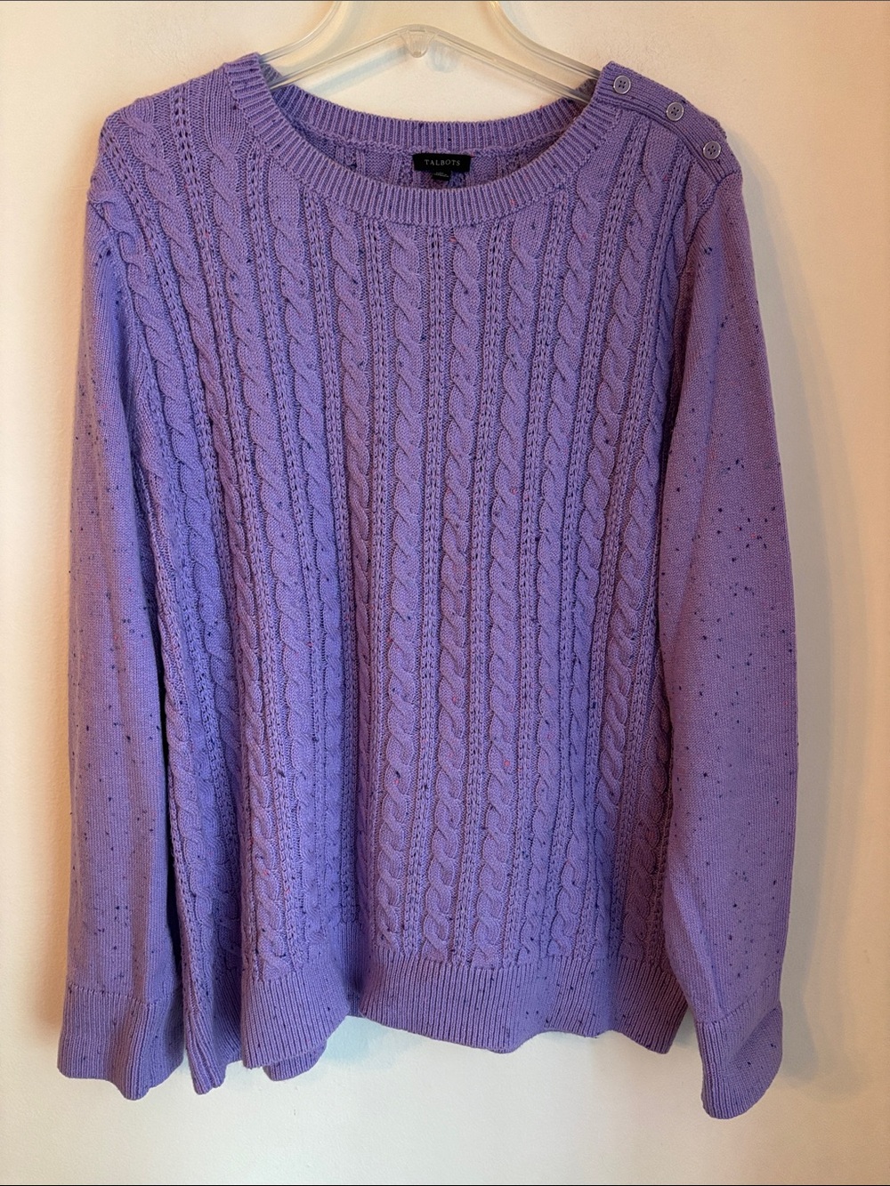Talbots Lavender Cable-Knit Crewneck Sweater Shoulder Buttons speckle Womens XL